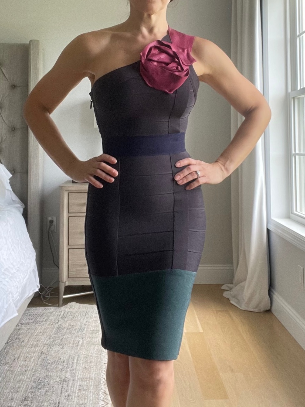 Hervé Léger One Shoulder Rosette Colorblock Bandage Dress XXS
